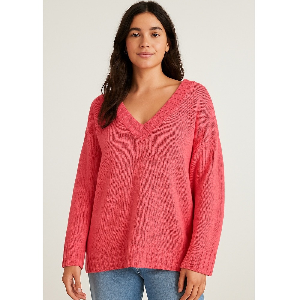 Aerie Womens Size L Oversized Hot‎ Pink V Neck Knit Long Sleeve Pullover Sweater